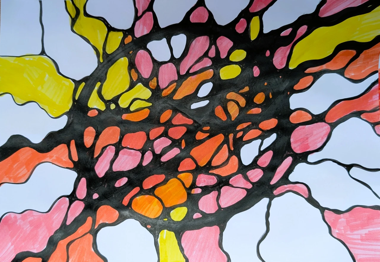 Neurographische Zeichnung aus dem Basiskurs Modell AVE - Auflösung von Einschränkungen in bunten Farben mit einem großen Kreis